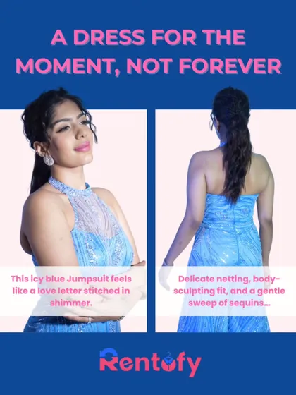 This icy blue jumpsuit gives off major gown vibes with its delicate netting and shimmer. It's a unique and modern alternative to a traditional dress for a formal event.