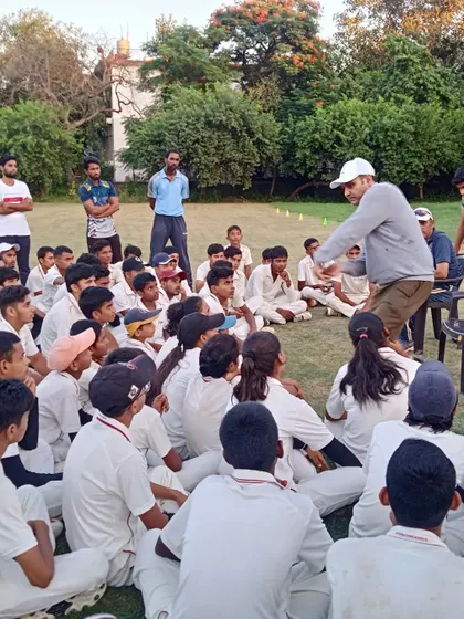 Using hand gestures to explain a fine point of batting technique, Virender Sehwag ensures every trainee understands the nuances of the game.