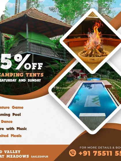 Enjoy a weekend camping adventure at Aclat Meadows, Sakleshpur, with 15% off on camping tents every Saturday and Sunday.