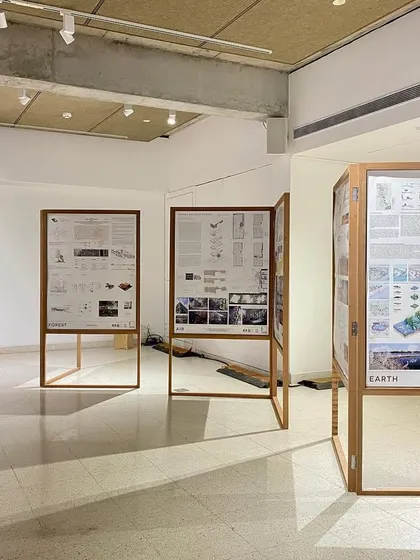 The "Small is beautiful - a billion stories" exhibition, designed for the London Design Biennale and later shown in India. The design uses modular display panels and focused lighting to present complex ideas in an accessible and engaging format.