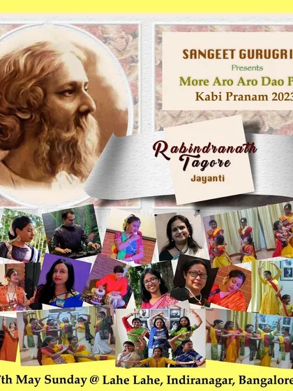 A collage celebrating our 'Kabi Pranam 2023' event for Rabindra Jayanti, showcasing the variety of performances from our students and gurus.