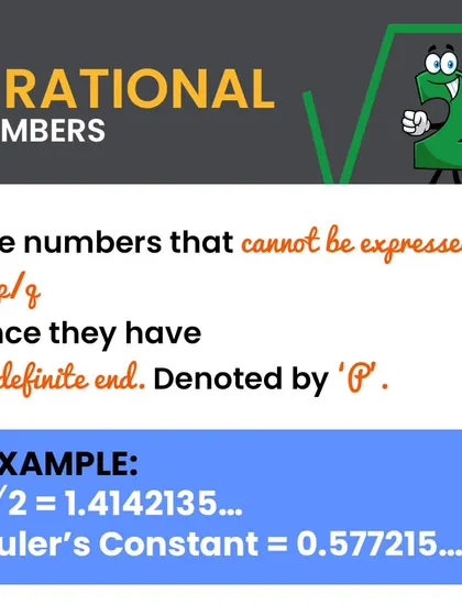 Irrational numbers are numbers that cannot be expressed as a simple fraction (p/q). Their decimal representation goes on forever without repeating, like Pi or the square root of 2.