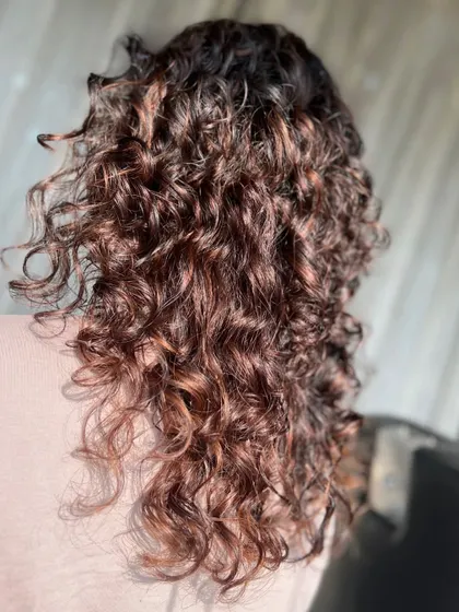 Beautifully defined brown curls catching the sunlight. This versatile color is perfect for any season and enhances the natural texture of the hair.