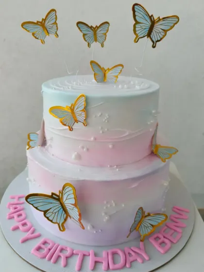 Another beautiful two-tier butterfly cake with a pink and blue ombre design.