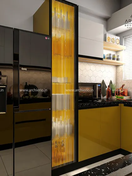 A bold kitchen concept in a sunny yellow hue, with a tall, fluted glass pantry unit adding a touch of modern texture.