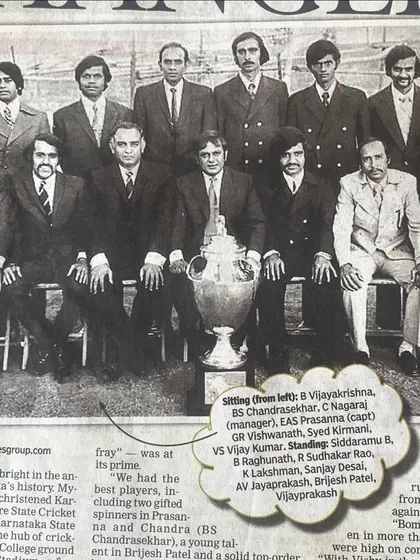 A historic photo of the 1974 Karnataka team that won the Ranji trophy for the first time. This image captures a golden moment in our state's cricket history.