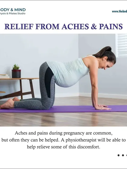 Aches and pains are common during pregnancy, but you don't have to suffer through them. As a physiotherapist, I can help relieve discomfort through gentle, targeted exercises like the cat-cow stretch shown here.