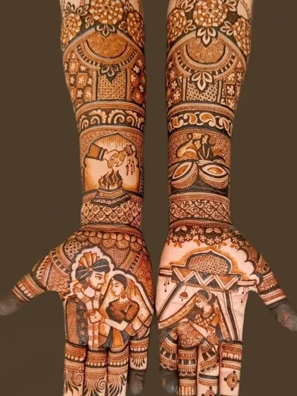 This design focuses on the wedding rituals, with a scene of the pheras around the sacred fire and the couple exchanging vows.