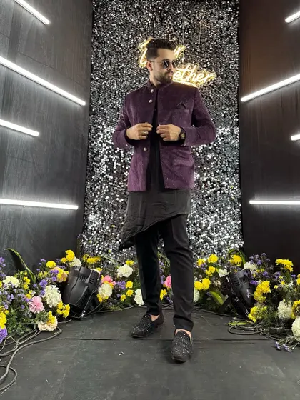 A closer look at the details of my purple bandhgala jacket, a perfect choice for a stylish Sangeet or cocktail event.
