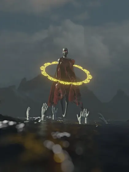 A surreal concept piece showing a divine figure with a golden halo levitating above water. The hands reaching out from the water add a layer of mystery and narrative to the scene.