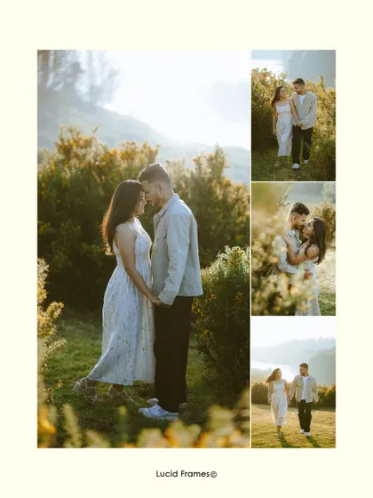 A beautifully arranged collage summarizing their romantic, sun-kissed pre-wedding shoot in the hills.