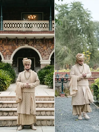 A diptych of the groom, Gruffald, in his elegant beige sherwani, posing in the regal setting of Khas Bagh, Jaipur.