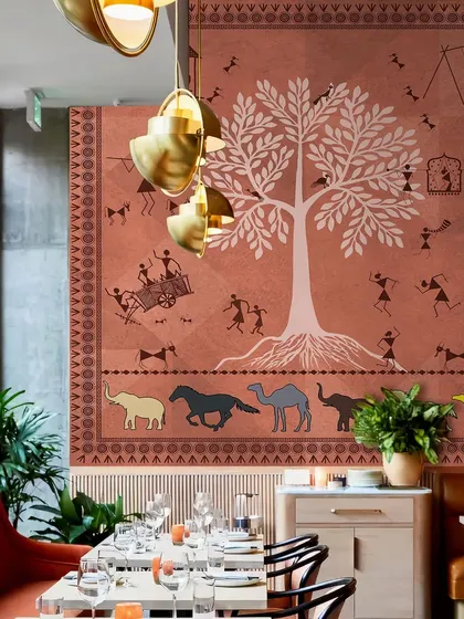 In this restaurant, our Traditional Indian Warli Life wallpaper creates a unique and authentic dining atmosphere. The traditional art form adds a layer of cultural storytelling to the space.