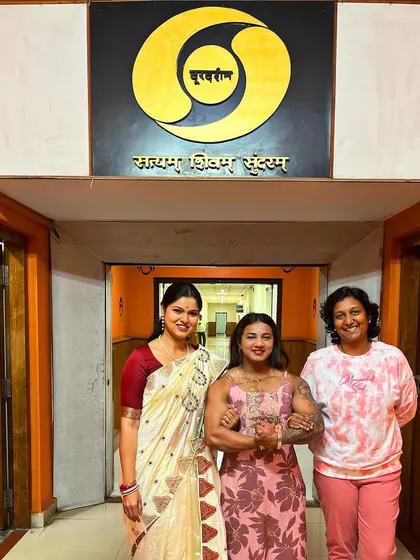 With the wonderful team at Doordarshan. Their support for my bodybuilding career means the world to me.