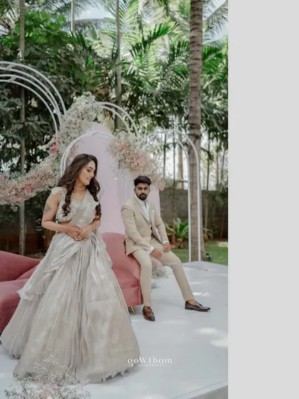 This shot captures the full elegance of the engagement decor. The bride's stunning outfit perfectly matches the sophisticated and modern theme I created for their special day.