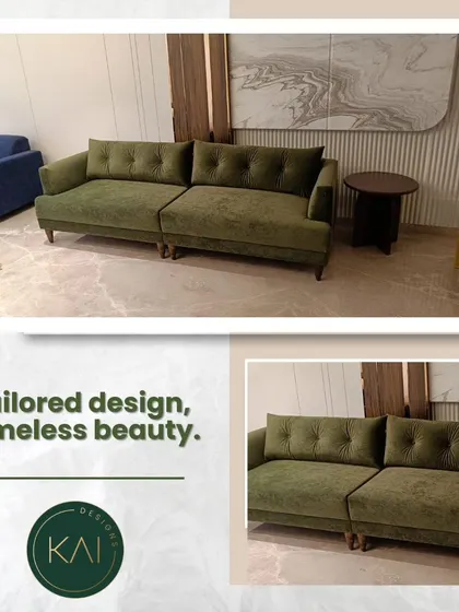 A graphic presentation of our olive green tufted sofa, emphasizing its tailored design and timeless beauty.