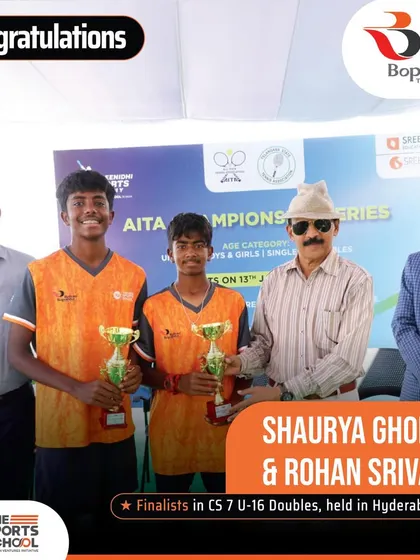 Our doubles finalists, Shaurya Ghodke and Rohan Srivant, at the CS 7 U-16 tournament in Hyderabad.