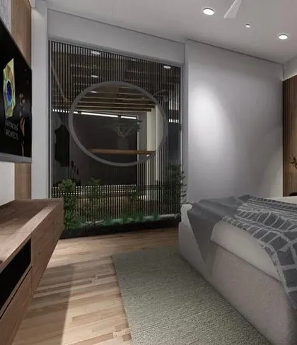 A design concept for a mother's bedroom, connecting the indoor space with a small, private green courtyard. The large glass partition and circular opening create a visual link to nature, making the room feel open and peaceful.