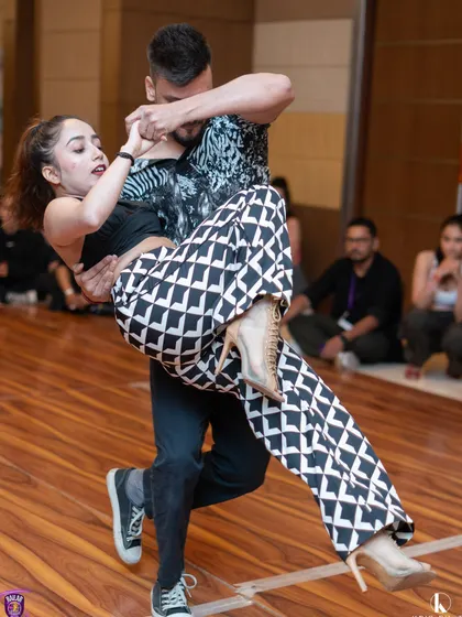 We are incredibly proud of our students who compete and win. This moment captures the dynamic lift and connection that secured Riya and Ravi the top spot at the Olympiads of Kizomba qualifier, earning them a place to represent India on the world stage.
