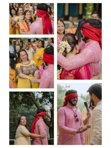 A fun game during the haldi ceremony, where the blindfolded groom tries to find his bride. These photos are full of laughter and showcase the playful, interactive nature of the event.