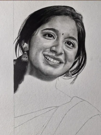 A work-in-progress shot of a portrait. You can see how I build up the dark, rich tones of the hair and eyes layer by layer.