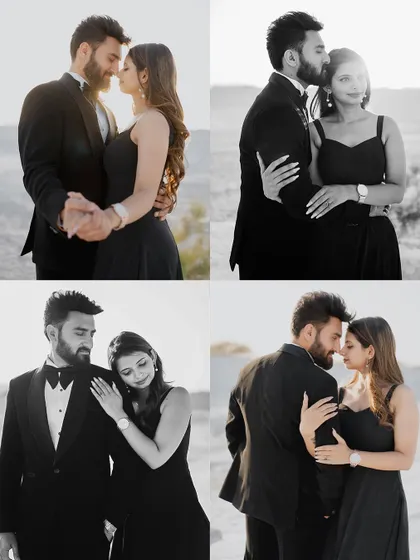 A quad-collage of black and white portraits, emphasizing the raw emotion and connection between the couple in a dramatic landscape.