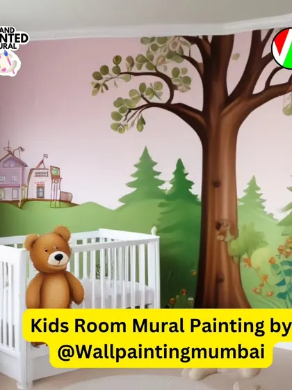 This nursery room mural features a calming landscape with a large tree and distant hills. It's a timeless design that creates a peaceful atmosphere for a baby's room, using a soft and gentle color palette.