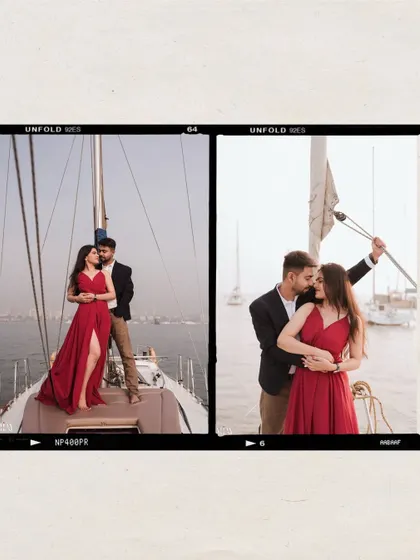 A film-strip style collage of a glamorous yacht pre-wedding shoot. This shows the variety of poses and moments we can capture, from playful to romantic, with the Mumbai skyline in the background.