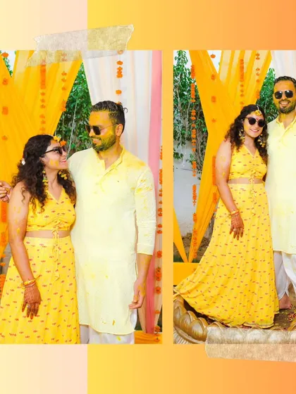 A before-and-after style collage of the couple at their Haldi, one clean and one covered in turmeric, showcasing the fun progression of the ritual.
