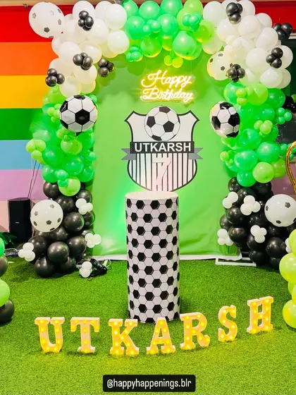 This one was extra special, planned for my own son, Utkarsh. We went all out with a football-themed party, complete with a custom backdrop, a cake pedestal that looks like a football, and marquee letters spelling out his name. Seeing his joy was everything.