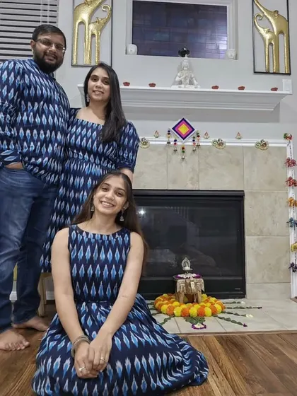 Nothing makes me happier than seeing families twinning in our outfits. This beautiful family looks amazing together in our matching blue Ikat designs.