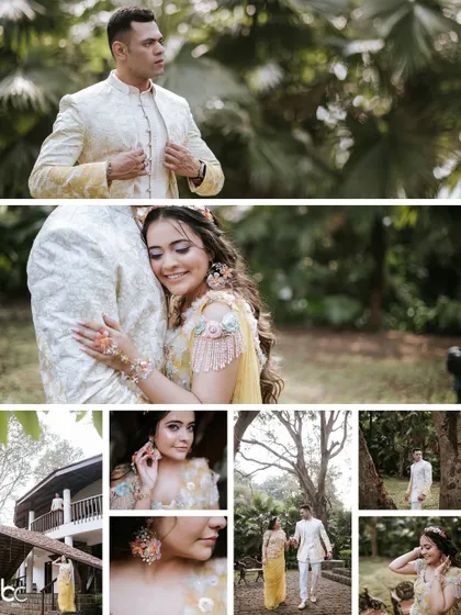 A collection of portraits and detail shots from the Haldi event, showcasing the couple's outfits and the beautiful natural venue.