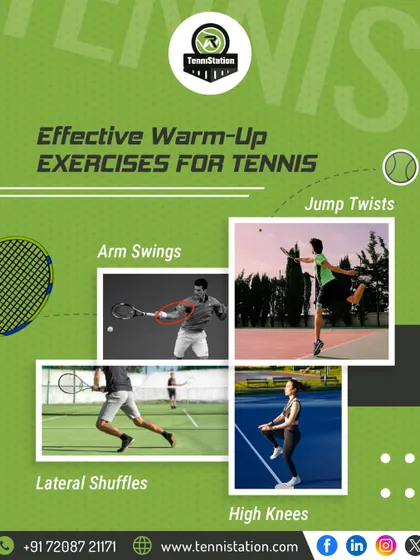 Every ace starts with a good warm-up. This graphic shows four effective exercises: arm swings, lateral shuffles, jump twists, and high knees to get you ready for the court.