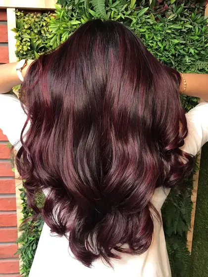 Another angle of the gorgeous Plum Balayage, showing how the color catches the light.