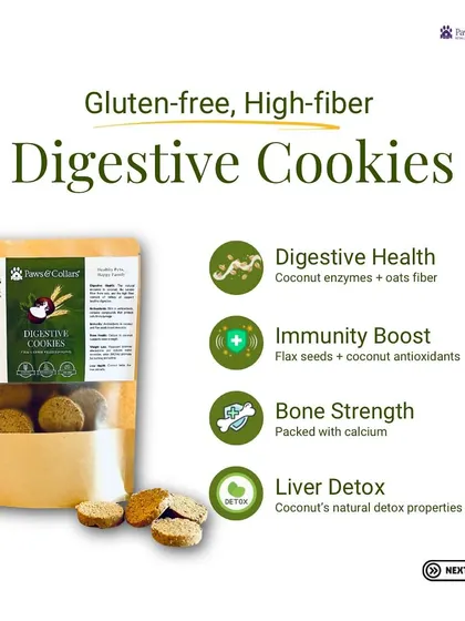 Support your dog's digestive health with our gluten-free, high-fiber Digestive Cookies. This graphic explains how ingredients like coconut enzymes, oats fiber, and flax seeds contribute to better digestion, immunity, and even liver detox.