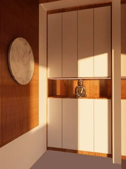 This entryway design combines a slatted wood accent wall with a sleek, white shoe cabinet. A niche with a Buddha statue adds a tranquil touch, making the entrance both practical and welcoming.