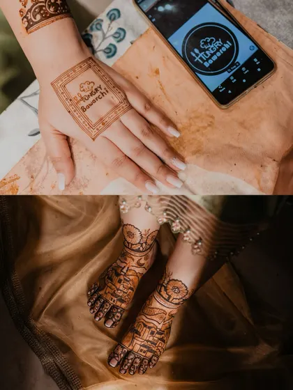 A detail shot of the intricate Mehendi design, including a personalized touch with the groom's company logo, and a beautiful shot of the bride's feet.