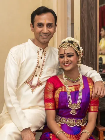 A cherished photo with my student Meenakshi backstage. These quiet moments before or after a performance are just as important as the dance itself, reflecting the guru-shishya relationship.