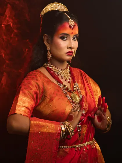 A full portrait of the Maa Katyayani look, capturing the divine and powerful essence of the goddess.