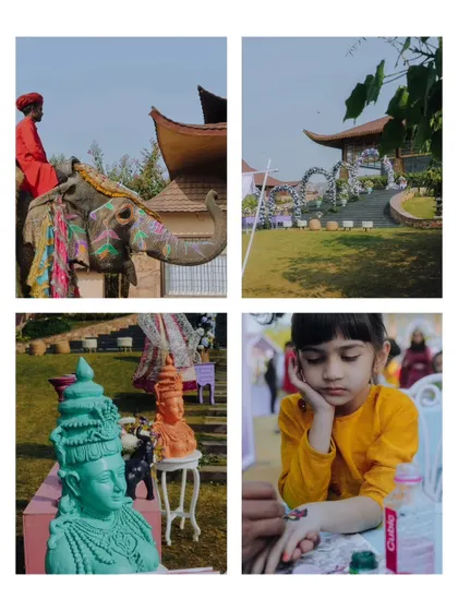 A collage capturing the unique and colorful decor elements of a wedding, including a painted elephant, artistic statues, and a child getting a temporary tattoo.