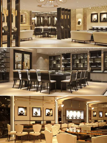 A glimpse into the bespoke retail experience we crafted for Juggal Kishore Jewellers. The design features distinct zones, including private viewing areas and grand display counters, all unified by a palette of cream, gold, and dark wood to create an atmosphere of timeless luxury.
