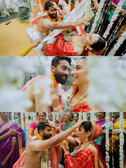 A collage of vibrant and emotional moments from a South Indian wedding, highlighting the unique and colorful rituals of the ceremony.