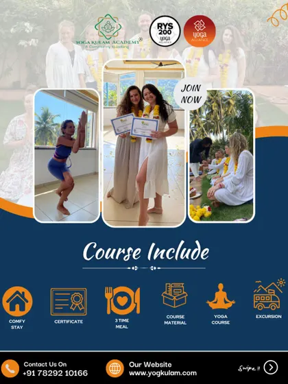 A visual summary of what our 200-hour Goa course includes. From graduation moments to hands-on practice and community meals, this shows the complete, supportive experience we provide.