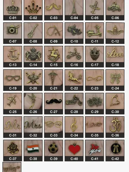 This grid shows some of the 74 charms I offer for personalizing your wallets and other accessories. You can choose from symbols, hobbies, initials, and more.