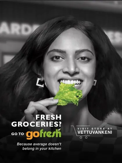 This version of the GoFresh ad was used for a specific store location. The core creative concept of fresh produce in a monochrome world remains consistent.