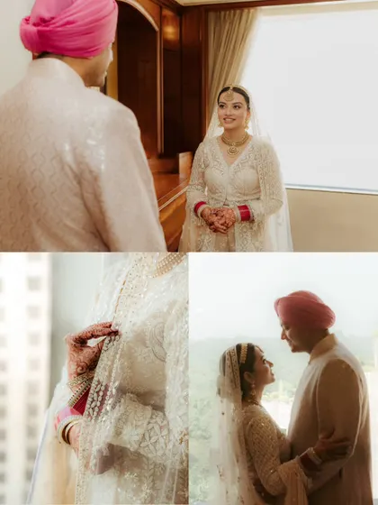 A collage capturing the "first look" and other intimate moments between Keerat and Pratyush on their wedding day, telling a story of love that grew from friendship.