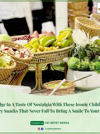 A nostalgic taste of childhood with a rustic display of Indian savory snacks like star fruit and raw mango, served in charming wicker baskets.