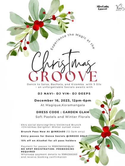 An invitation to our Christmas Groove event. We combine a garden glam dress code with an afternoon of brunch, beats from three DJs, and non-stop social dancing.