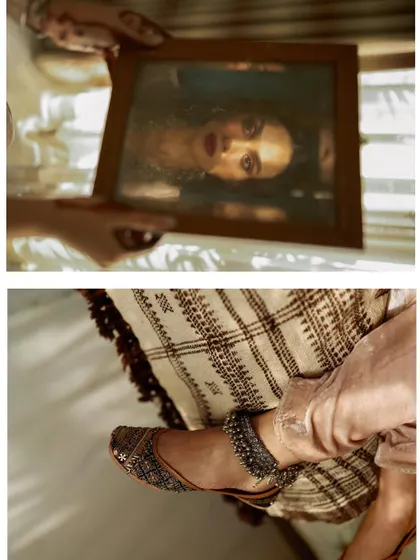 A diptych for AR by Rhea Kapoor, combining a reflection in a mirror with a detail shot of traditional footwear. This pairing tells a more complete story of the overall look.