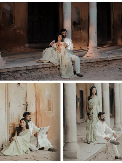 An old-world romance theme, with the couple posing in a rustic, historic corridor with stone pillars, creating a timeless and elegant feel.
